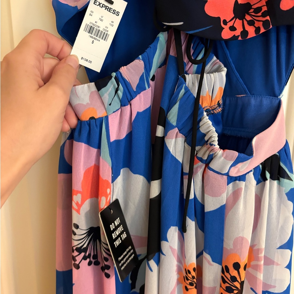 NWT Size small Express Blue Floral Maxi Dress with Pink and Black Accents - Picture 6 of 8